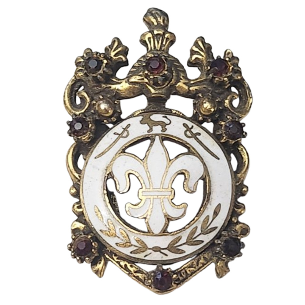Vtg Fleur De Lis Lion Sword Heraldic French  Rhinestone Pin Brooch